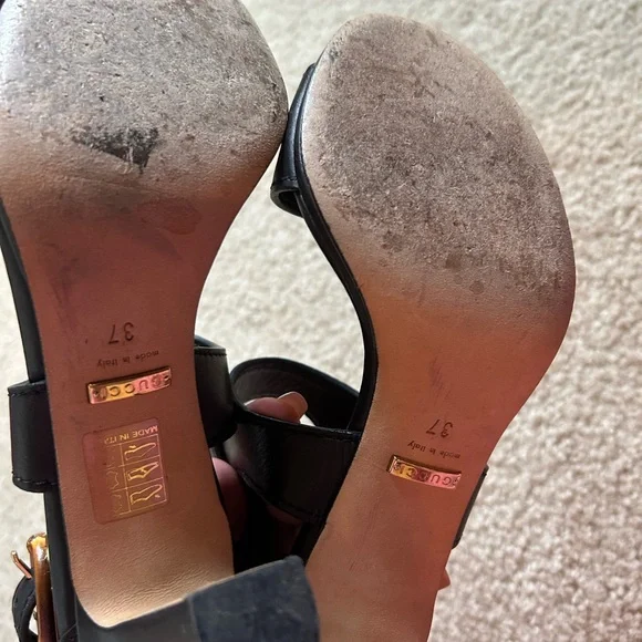 Gucci Black Leather Ankle-Strap Heeled Sandals with Gold Buckles